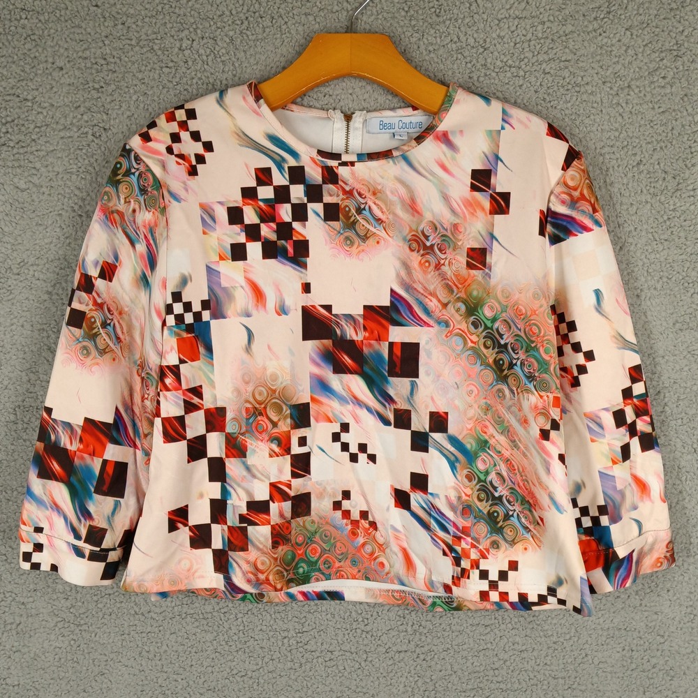 Beau Couture Large Abstract Print Blouse 3/4 Sleeve Top Colorful Pattern‎